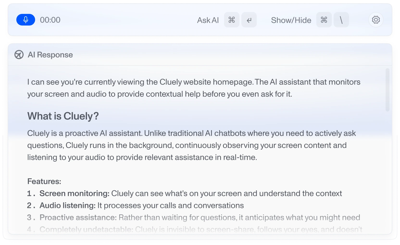 Cluely on-screen meeting assistant interface showing real-time transcription, AI meeting notes, and AI coaching suggestions