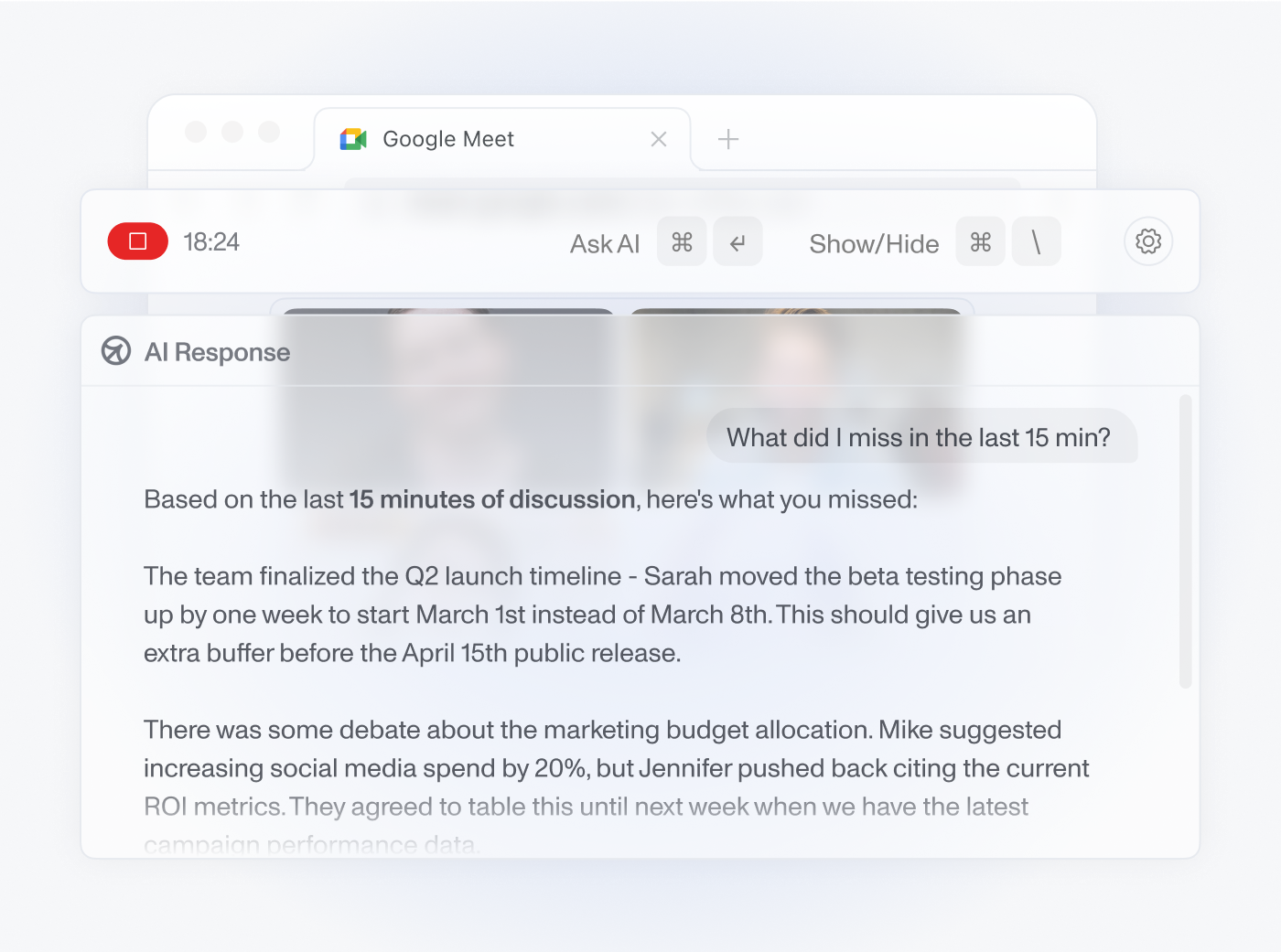 Professional using Cluely AI during video conference meeting for real-time assistance and note-taking