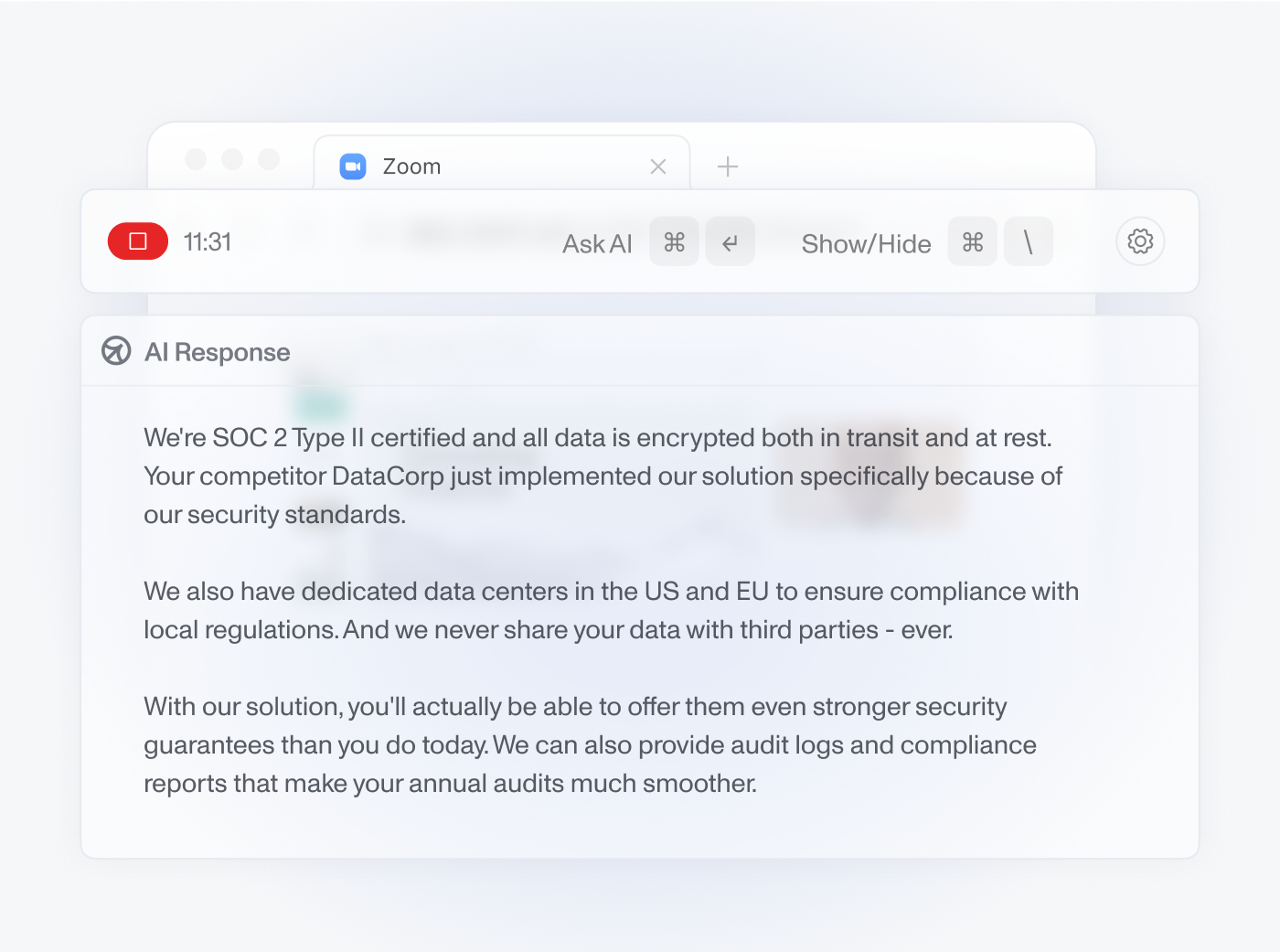 Sales representative using Cluely AI assistant during client call to access company knowledge base and handle objections