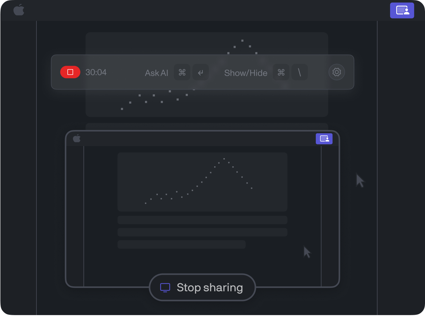Screen recording interface showing Cluely AI completely invisible during screen sharing and meeting recordings